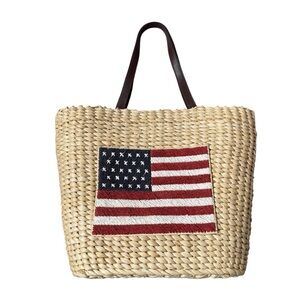Vintage American Flag Straw Hand Bag Drawstring Bag Inside Double Bag USA Ralph